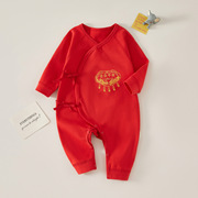 婴儿连体衣春秋a类纯棉，满月宝宝衣服，大红色喜庆新生儿哈衣和尚服