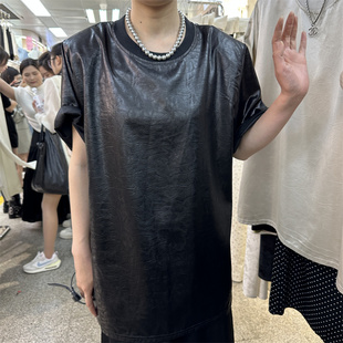 韩国东大门春夏复古港风宽松圆领时髦垫肩气质显示皮短袖T恤