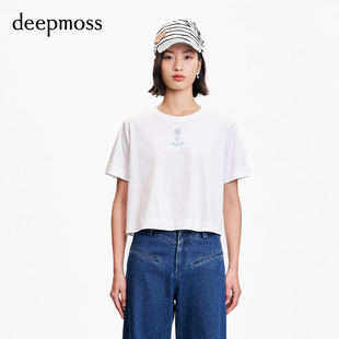 deepmoss 潮流百搭气质时尚休闲船锚圆领短袖T恤女士