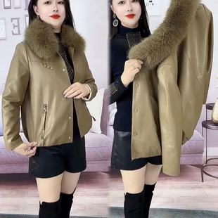 2023冬季加绒加厚皮衣外套女带毛领韩版时尚，气质高档皮夹克女