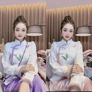 新中式国风钉珠刺绣蕾丝衬衫，女早春季加绒水貂毛盘扣长袖上衣
