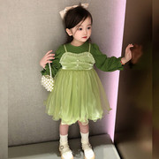 宝宝秋季连衣裙女童洋气时髦公主绿色假两件长袖背心吊带韩版裙子