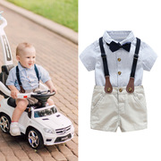 外贸跨境夏季婴幼儿童衣服韩版男童短袖条纹衬衫背带短裤套装宝宝