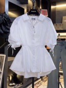 法式泡泡袖白色衬衫，女短袖2024年设计感收腰，褶皱休闲上衣衬衣