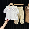 童装女童套装夏装洋气宝宝棉麻白色娃娃领衬衫束脚裤防蚊裤两件套