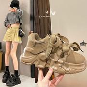 机车老爹鞋女2023年韩版小个子，松糕厚底增高绑带休闲运动鞋子