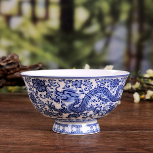 景德镇青花瓷碗龙纹，仿古碗中式家用骨瓷，米饭碗单碗餐具