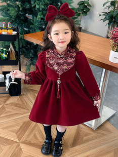 女童连衣裙冬装2023洋气儿童加绒加厚公主裙女孩中国风新年裙