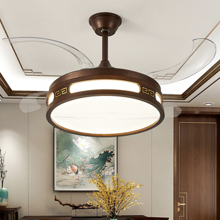 新中式隐形风扇灯实木LED灯具2022年胡桃木色客厅餐厅吊灯