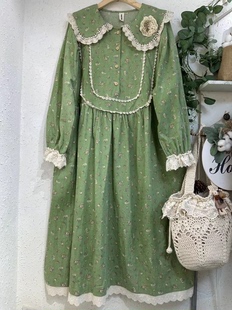 森女系甜美蕾丝娃娃领绿色，碎花连衣裙复古田园风，棉麻裙子日系长裙