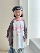 波拉韩国童装2024春男女童，长袖宽松款插肩拼色荧光粉字母t恤