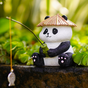 创意熊猫钓鱼缸水族箱装饰品，中式假山流水，器鱼池吸水石造景观摆件