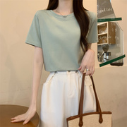 浅绿色短袖t恤女半袖纯色，正肩上衣纯棉，夏季粉色短款宽松简约纯白