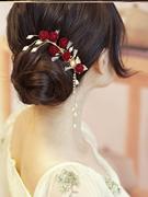 绒花头饰复古小发夹，边夹秀禾新娘红色，复古旗袍汉服配饰花朵夹