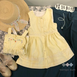 3个月~11岁*法国*女童，夏季裙子全棉清新黄条纹(黄条纹)背心裙连衣裙