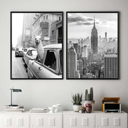黑白羊驼装饰画纽约城市，建筑人文风景摄影挂画复古文艺老照片装饰