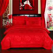 全棉婚庆4四件套大红色结婚床上用品，纯棉床单被套新婚床品套件1.8