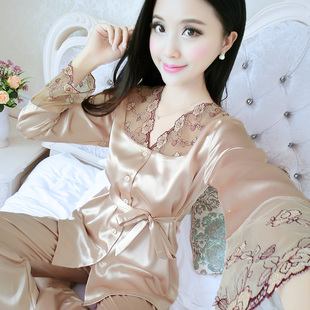 韩版女装睡衣夏装宽松薄款冰丝绸春秋长袖家居服，两件套性感仿真丝