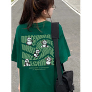 字母卡通熊猫短袖，女街头潮流小众，百搭纯棉橄榄绿重磅t恤