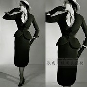 高级定制欧美大牌黑色羊毛西装外套+半裙时尚复古掐腰套装裙秋冬