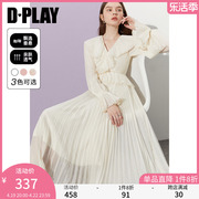 DPLAY黑标春温柔仙女气质奶油杏压褶长袖大摆度假连衣裙