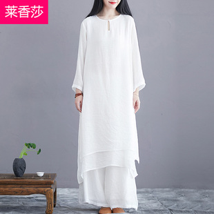 中国风禅意女装棉麻茶服禅修居士服禅舞服复古风汉服连衣裙两件套