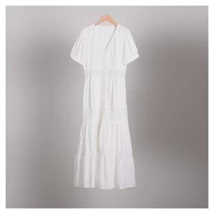 大洪小美好夏季蕾丝气质时尚法式短袖连衣裙女士白色裙