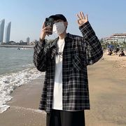 日系黑色长袖格子衬衫男潮流痞帅韩版宽松百搭帅气港风外套男春装
