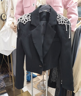 法式复古黑色外套流苏珠2021秋季原创设计长袖时尚西装外套女