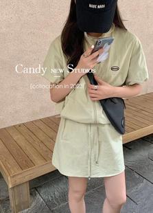 糖果Candy美式休闲运动服套装女夏薄款冲锋衣防晒外套短裙两件套