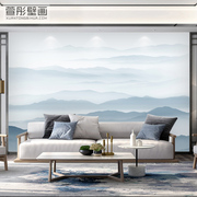 新中式意境水墨山水壁画客厅电视背景墙壁纸蓝色抽象卧室大气墙布