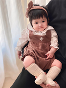 韩版婴儿哈衣套装春秋装，女宝宝洋气，绣花背带包屁裤+翻领长袖衬衫