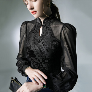 中国风蕾丝打底衫女内搭秋季黑色，设计感灯笼袖网纱高级感上衣