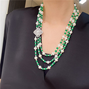 天然淡水珍珠绿玛瑙多层项链，女欧美短款锁骨链小众设计复古颈链