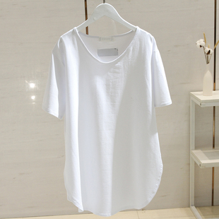 白色短袖t恤女中长款2023夏季宽松显瘦内搭圆领，开叉打底上衣
