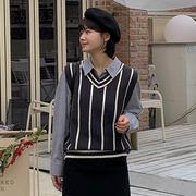 韩国特大码女装，胖mm冬装竖条纹，时尚针织马夹1225