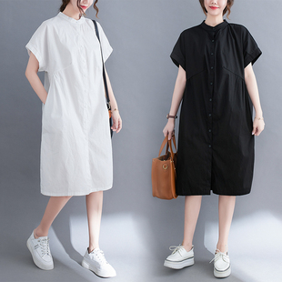 夏季韩版设计感百搭白色衬衫，女宽松大码短袖衬衣中长款连衣裙