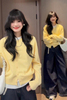 韩系2024假两件针织衫，春秋季长袖软糯黄色，毛衣开衫外套上衣女
