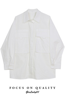 大口袋宽松衬衫小众设计白色上衣女工装风复古港风衬衫男友风上衣