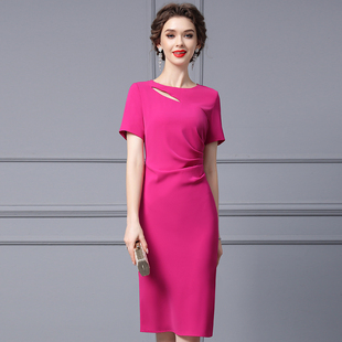 枝荔紫红色连衣裙女夏季2024年温柔气质腰间压褶显瘦包臀裙子