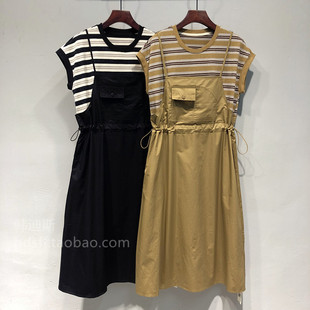 2024夏装韩国2day抽绳收腰间色横条纹，拼接假两件背带裙连衣裙