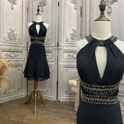 XL码黑色雪纺手工钉珠短裙礼服0227b