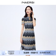 NAERSI/娜尔思分层撞色蕾丝改良旗袍连衣裙夏季收腰短袖裙子