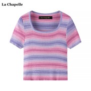 拉夏贝尔/La Chapelle夏季彩色条纹方领针织短袖T恤女短上衣