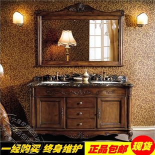 美式浴室柜橡木欧式洗漱台落地卫，浴柜仿古卫生间，实木洗手盆柜组合
