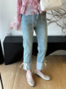 新中式国风撞色拼接牛仔裤，女春夏季2024设计感高腰，显瘦直筒烟管裤