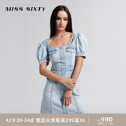 Miss Sixty2024夏季牛仔连衣裙女法式方领短袖短裙甜美丹宁风