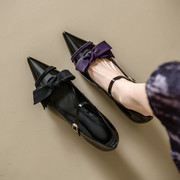 女士春季黑色中跟粗跟一字式扣带真皮尖头蝴蝶结女鞋浅口单鞋