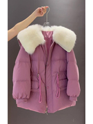 大毛领中长款羽绒棉服女2023冬装设计感洋气，大码加厚棉衣外套