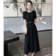 智丽黑色法式短袖裙子2024年的系腰带显瘦成熟御姐连衣裙夏天